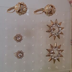 3 pairs of goldtone sparkly rhinestone pierced earrings